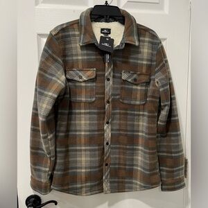 NWT O'Neill Men's Size Small Brown/Tan/Gray Plaid Shirt Jacket Sherpa Lined